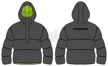 Illustration for Down puffa Hoodie jacket design flat sketch Illustration, Quilted Puffer Padded Hooded jacket with front and back view, Soft shell winter jacket for Men and women for outerwear in winter. - Royalty Free Image