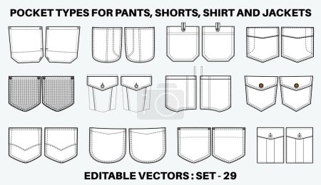 Illustration for Jeans and denim Patch pocket flat sketch vector illustration set, different types of Clothing Pockets for jeans pocket, sleeve arm, cargo pants, dresses, bag, garments, Clothing and Accessories - Royalty Free Image