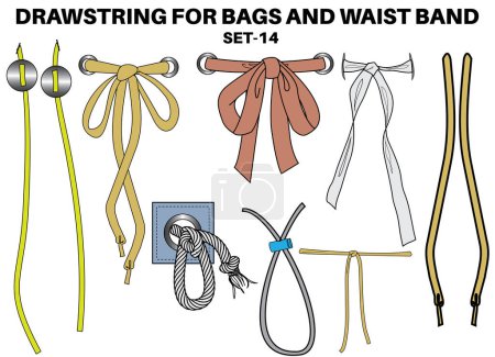 Téléchargez les illustrations : Drawstring cord flat sketch vector illustrator. Set of bow knot Draw string with aglets for Waist band, bags, shoes, jackets, Shorts, Pants, dress garments, Drawcord for Clothing to pulled or tighten - en licence libre de droit