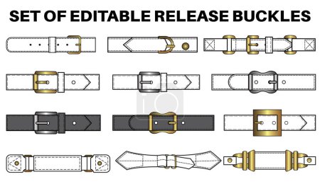 Illustration for Belt flat sketch vector illustration set, different types belt with Frame buckle, snap buckle and ring buckles accessories for pants, waist band garments dress fasteners and Clothing belt - Royalty Free Image