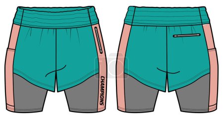 Téléchargez les illustrations : Women athletic Running trail Shorts with Compression tights shorts design flat sketch fashion Illustration for girls and Ladies, Athletic shorts concept with front and back view for tracking wear. - en licence libre de droit