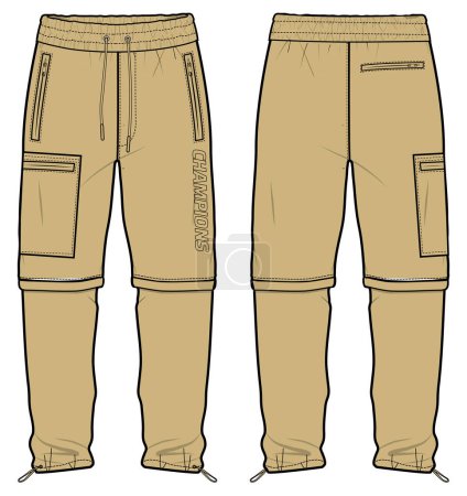 Illustration for Detachable Jogger bottom Pants design flat sketch vector illustration, Casual cargo pants concept with front and back view, Sweatpants for running, jogging, fitness, and active wear pants design. - Royalty Free Image