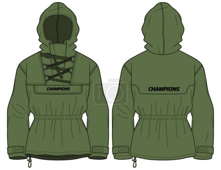 Illustration for Hiker Hoodie jacket design flat sketch Illustration, Hiking Hooded utility jacket with front and back view, winter jacket for Men and women. for running, outerwear and workout in winter - Royalty Free Image