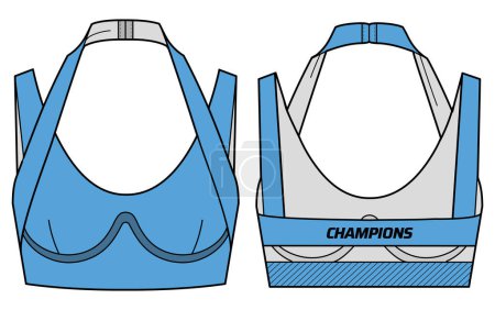 Illustration for Women Sculpted Sports bra top design flat sketch fashion Illustration suitable for girls and Ladies, strap active sport bra crop top for Swim, yoga, gym, running and sports activity - Royalty Free Image