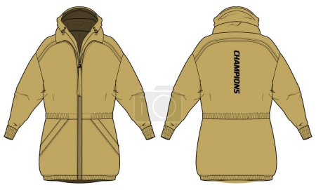 Illustration for Cover up Quilted Puffer jacket design flat sketch Illustration, Down puffa Padded Hooded jacket with front and back view, Soft shell winter jacket for girls and ladies for outerwear in winter. - Royalty Free Image