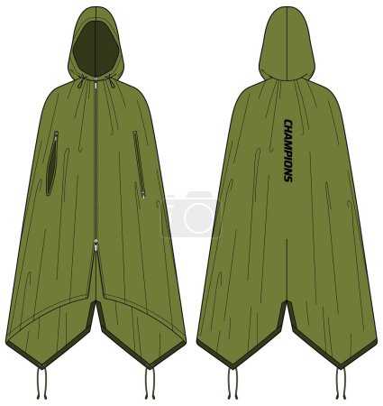 Rain coat poncho Hoodie jacket design flat sketch Illustration, waterproof cycling Hooded rain coat with front and back view, winter coat for Men and women for outerwear and long weather jacket