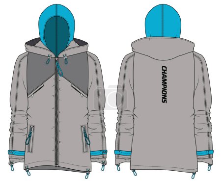Double layer Hoodie jacket design flat sketch Illustration, Casual Hooded windbreaker jacket with front and back view, winter jacket for Men and women. for hiker, outerwear in winter