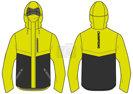 Hiker Anorak Hoodie jacket design flat sketch Illustration, Hiking Hooded utility jacket with front and back view, winter jacket for Men and women. for running, outerwear and workout in winter