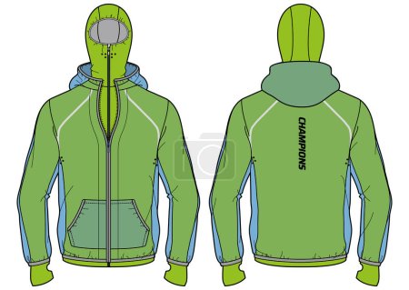 Tech shell runner Hoodie jacket with windcheater design flat sketch Illustration, Compression Hooded jacket with front and back view, Thermal winter jacket for Men and women for Running and workout