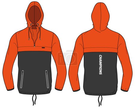 Cagoule Anorak Hoodie jacket design flat sketch Illustration, Hiking Hooded utility jacket with front and back view, winter jacket for Men and women. for running, outerwear and workout in winter
