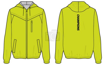 Illustration for Pull over windbreaker Hoodie jacket design flat sketch Illustration, Hooded utility jacket with front and back view, winter jacket for Men and women. for running, outerwear and workout in winter - Royalty Free Image