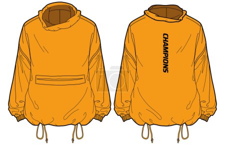 Illustration for Overhead cagoule Hoodie jacket design flat sketch Illustration, , Hooded windbreaker jacket with front and back view, Windcheater winter jacket for Men and women. for hiker, outerwear in winter - Royalty Free Image
