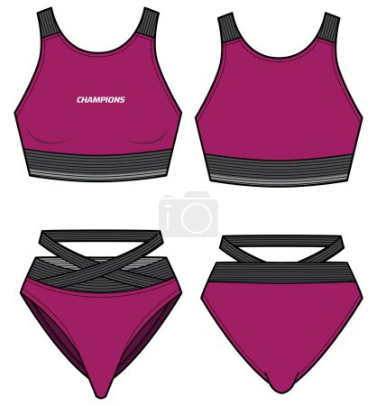Women two piece swimming set with Sports bra top with brief panty underwear design flat sketch fashion Illustration suitable for girls and Ladies for Swim, yoga, gym, running and sports activity