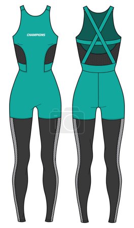 Illustration for Women sports sleeveless full Bodysuit shorts pants active wear design flat sketch fashion Illustration, Unitard suitable for girls and Ladies . Bodycon jumpsuit with sports bra active wear. - Royalty Free Image