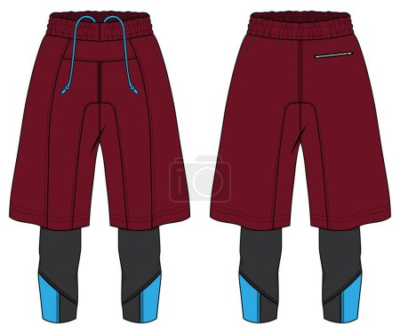 Sport running Shorts with three quarter compression tights leggings pants design vector template, running shorts concept with front and back view for Soccer, and basketball active wear shorts design.