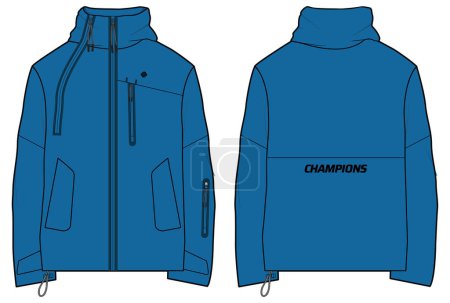 Long sleeve soft Shell tech jacket design flat sketch Illustration, jacket with Zipper front and back view, Anorak winter jacket for Men and women. for training, Running and workout in winter.