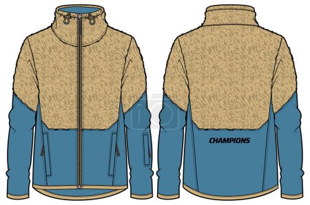 Fleece mix shell jacket design flat sketch Illustration,Fur jacket with Zipper front and back view, Anorak winter jacket for Men and women. for training, Running and workout in winter.