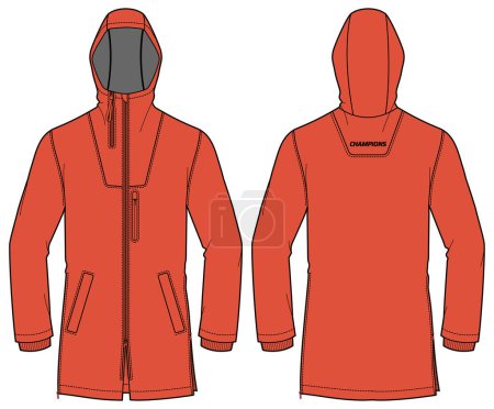 Long sleeve all condition coat Hoodie jacket design flat sketch Illustration, Hooded Parka rain coat with front and back view, winter coat for Men and women for outerwear and long weather jacket