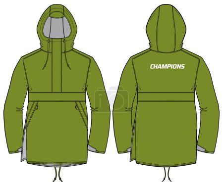 Long line Parka coat Hoodie jacket design flat sketch Illustration, Hooded Parka rain coat with front and back view, winter coat for Men and women for outerwear and long weather jacket