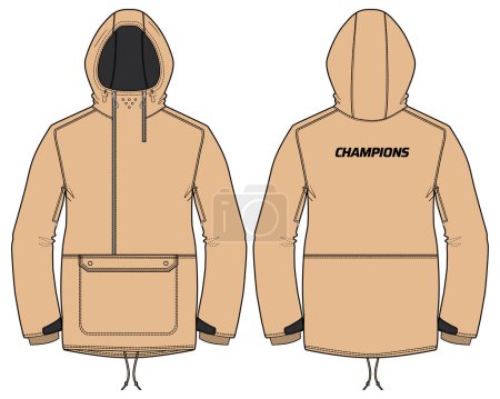 Hoodie board jacket design flat sketch Illustration, Hooded anorak ski jacket with front and back view, hooded winter jacket for Men and women. for training, skiing, Running and workout in winter