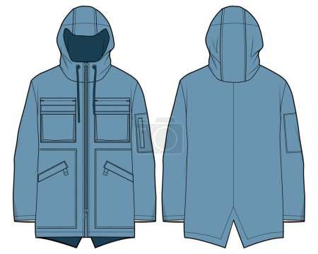 Protective parka Hoodie jacket design flat sketch Illustration, Hooded utility jacket with front and back view, winter jacket for Men and women. for hiker, outerwear and workout in winter