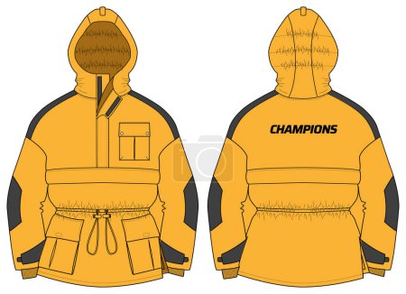 Protective thermal parka Hoodie jacket design flat sketch Illustration, Hooded utility jacket with front and back view, winter jacket for Men and women. for hiker, outerwear and workout in winter