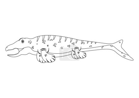Téléchargez les illustrations : Black and White Mosasaurus Dinosaure Cartoon Character Vector. Coloriage d'un dinosaure Mosasaurus - en licence libre de droit