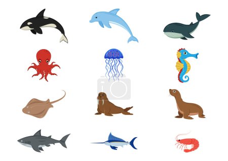 Téléchargez les illustrations : Ensemble d'animaux du monde sous-marin clipart illustration vectorielle - en licence libre de droit