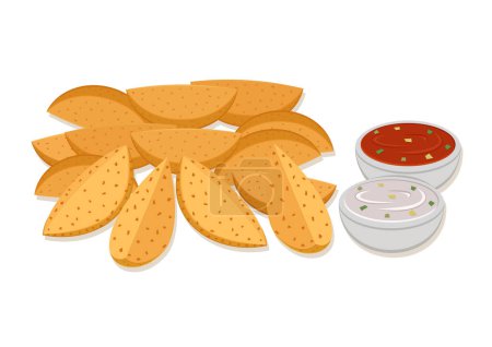 Illustration for Crispy wedges potato with ketchup and mayonnaise sauce vector flat design. Fast food wedges potato vector illustration on white background - Royalty Free Image