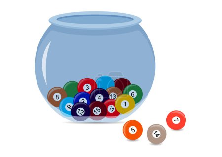 Téléchargez les illustrations : Numéros de loterie dans un clipart de bol en verre. Drapeau avec bol en verre vecteur plat design - en licence libre de droit