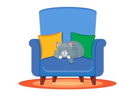 Téléchargez les illustrations : Le chat dormant sur un fauteuil vecteur design plat. Petit chaton faire une sieste sur le canapé - en licence libre de droit