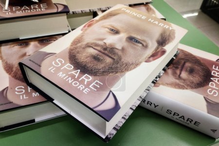Photo for Presentation of the book "Spare - The Minor" written by Prince Henry Charles Albert David better known as Prince Harry, at the Mondadori bookshop in Marcianise. The brand new book sold more than four hundred thousand copies in just one day - Royalty Free Image