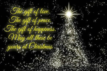 Christmas wishes text with shining stars like pine tree on dark background. Christmas celebration concept.