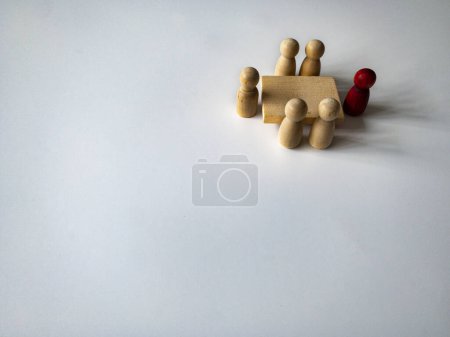 Photo for Wooden people figures having business meeting with customizable space for text. Business concept and copy space. - Royalty Free Image
