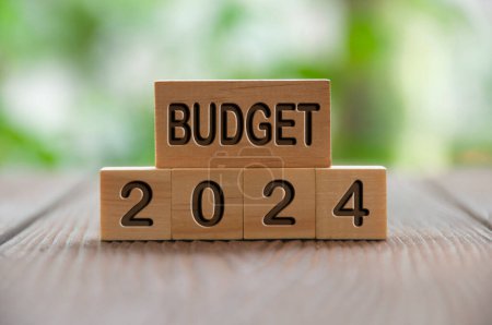Téléchargez les photos : Budget 2024 text on wooded blocks with blurred nature background. Yearly budget concept. - en image libre de droit