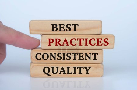 Photo for Best practices and consistent quality text on wooden blocks. Business culture and Operational excellence concept. - Royalty Free Image