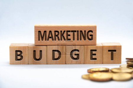 Marketing budget text engraved on wooden blocks on white background cover. Business and budgeting concept.