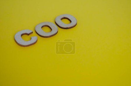 Lettres COO en bois sur fond jaune. Concept de la haute direction.