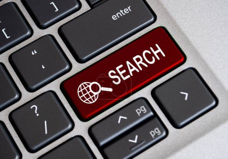 Buscar palabra en el botón rojo del teclado. Concepto de búsqueda o búsqueda de talento.
