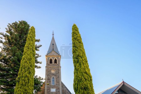 Téléchargez les photos : Église luthérienne Langmeil avec le long chemin entre les pins crayon à Tanunda pendant le coucher du soleil, Barossa Valley, Australie du Sud - en image libre de droit