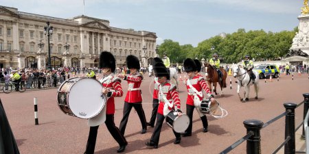 Photo for London, UK - May 21 2018: The Drum Corp of the Coldstream Guards during the changing of the guards ceremony at Buckingham Palace - Royalty Free Image