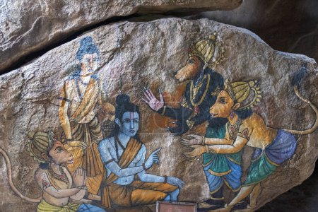 Foto de Pintura que representa el encuentro de Lord Ram con Lord Hanuman y Sugreeva en una cueva cerca de Hampi. - Imagen libre de derechos