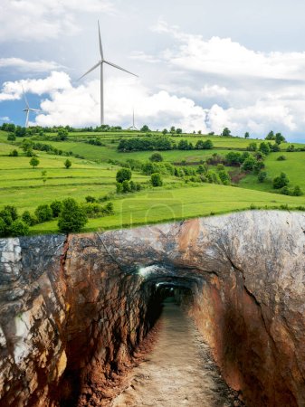 Photo for Wind turbines and coal mine, energy transition concept - Royalty Free Image