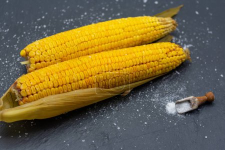Photo for Boiled sweet corn with salt on slate vegan appetizer dessert - Royalty Free Image