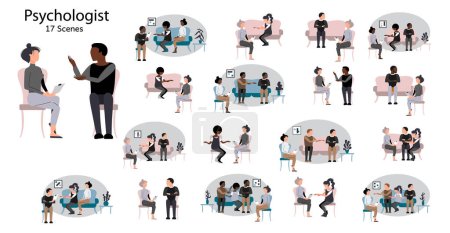 Illustration for Set of psychologist counceling single people and couples. Psychological help concept. Mental health therapy sessions. Stock vector illustrations. - Royalty Free Image