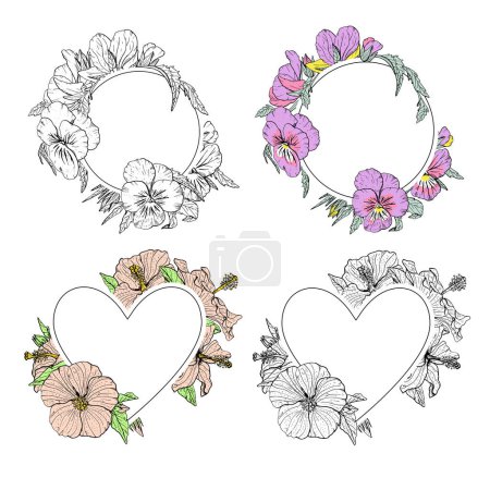 Illustration for Elegant hand drawn round floral frames set. Doodle pansy and hibiscus flowers frames. Colorful and monochrome. Stock vector illustration. - Royalty Free Image