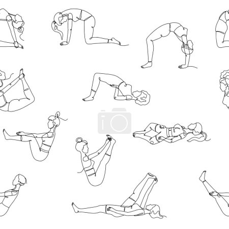 Seamless pattern with single line drawings of yoga poses. Linear hand drawn asana doodles wallpaper on white background