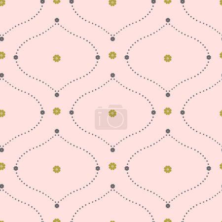 Seamless pattern with gray floral ogee geometrical motifs on a pastel pink background. Minimalist classic abstract repeat wallpaper.