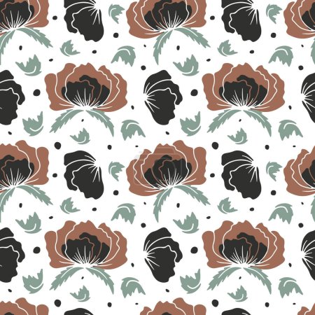 Illustration for Seamless pattern with abstract poppy flowers brown silhouettes on white background - Royalty Free Image