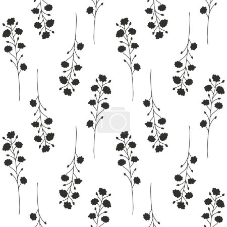 Illustration for Monochrome seamless pattern with black wild flowers silhouettes on white background. Vintage ditsy floral repeat pattern. - Royalty Free Image